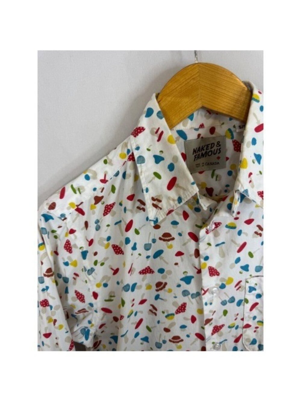 Naked & Famous Mushroom Print Long Sleeve Button Down Shirt Mens Small White - Picture 3 of 9